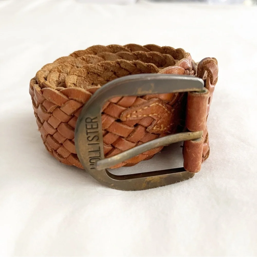 Hollister Woven Braided Leather Belt Women XS S Brown Brass Buckle Vintage